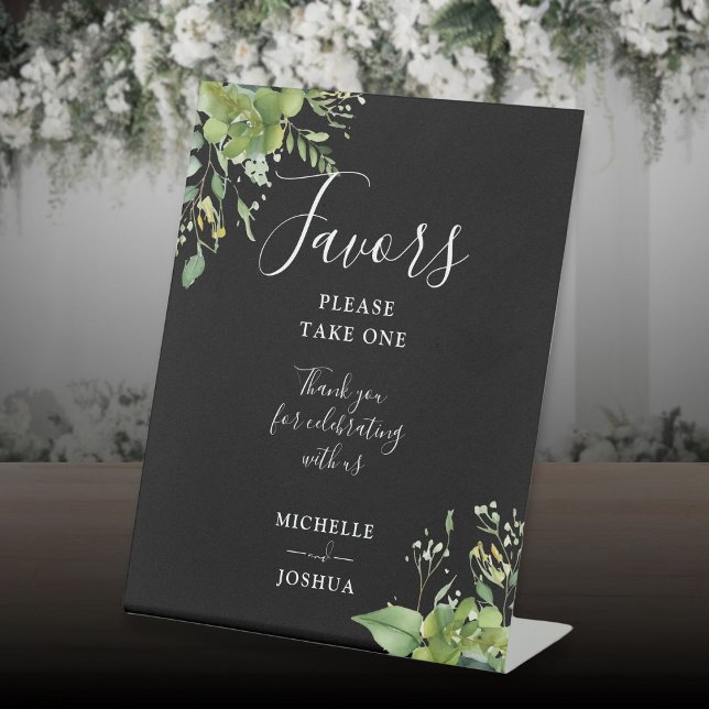 Eukalyptus Greenery Schwarz-Weiß-Favoriten Sockelschild (Eucalyptus Greenery Floral Black And White Favors Pedestal Sign)