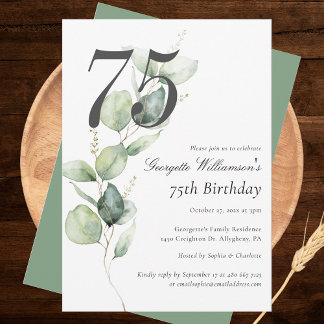 Eukalyptus Greenery Script 75. Geburtstag Einladung