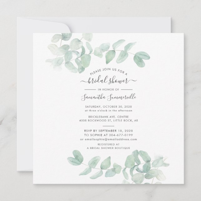 Eukalyptus Greenery Script Botanisches Brautparty Einladung (Vorderseite)