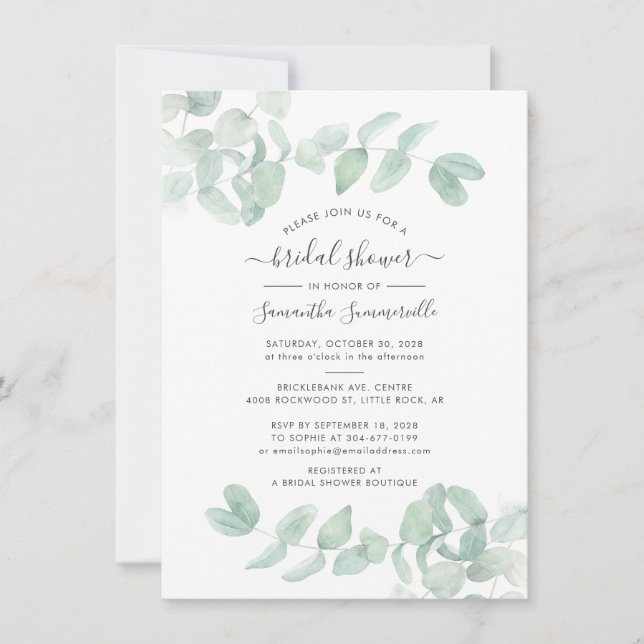 Eukalyptus Greenery Script Botanisches Brautparty Einladung (Vorderseite)