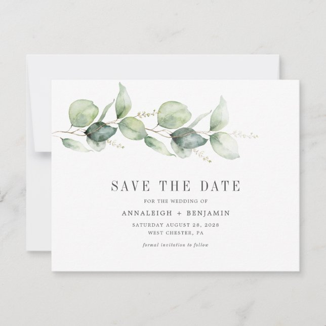 Eukalyptus Greenery Script-Foto Save the Date (Vorderseite)