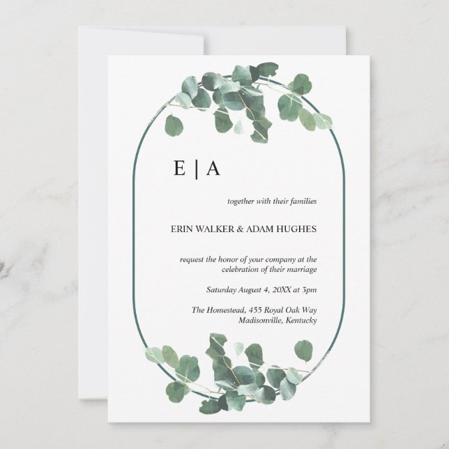 Eukalyptus Greenery Simple Monogram Einladung (Vorderseite)