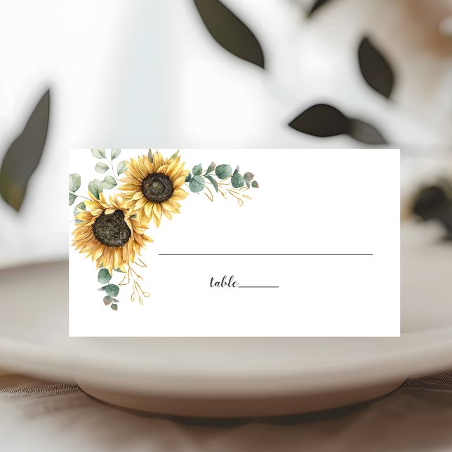 Eukalyptus Greenery Sonnenblumenzellenschrift Hoch Platzkarte (Sunflower Eucalyptus Greenery Wedding Table Placecard)