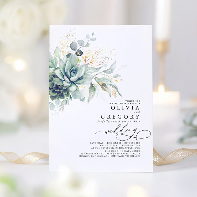Eukalyptus Greenery Succulents und Gold Wedding Einladung (Succulents Greenery Wedding Invitations)