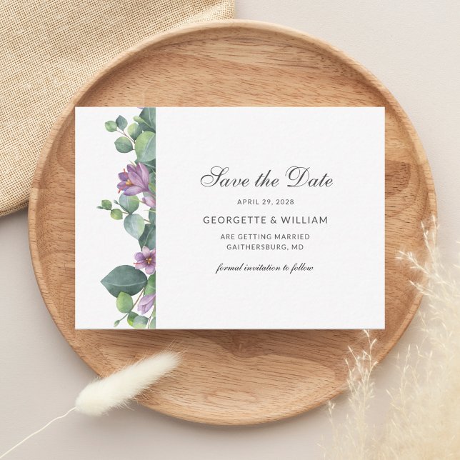 Eukalyptus Greenery Sukkulente Schrift Save the Da Mitteilungskarte (Save the Date Purple Sage Green Wedding Announcement)