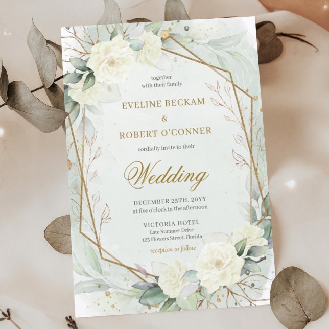 Eukalyptus Greenery und Gold Einladung (Whimsical boho white roses and eucalyptus greenery wedding invitation digital)