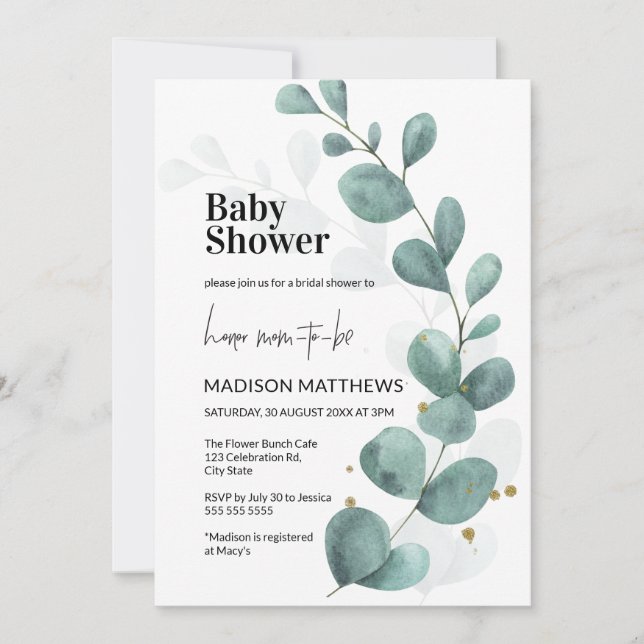 Eukalyptus Greenery Watercolor Baby Shower Invita Einladung (Vorderseite)