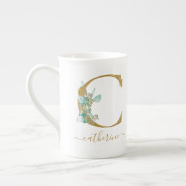 Eukalyptus Greenery Watercolor Gold Monogram C Prozellantasse
