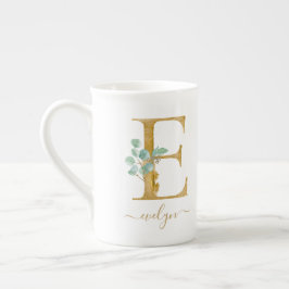 Eukalyptus Greenery Watercolor Gold Monogram E Prozellantasse