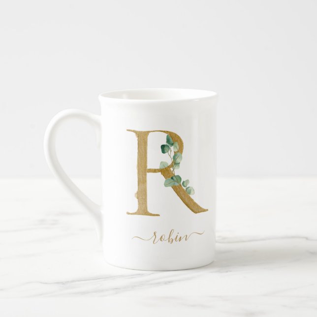 Eukalyptus Greenery Watercolor Gold Monogram R Prozellantasse (Links)