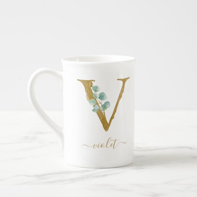 Eukalyptus Greenery Watercolor Gold Monogram V Prozellantasse (Links)