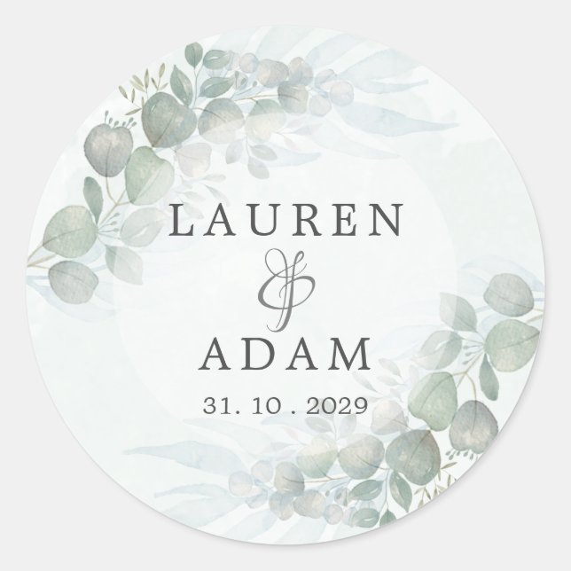 Eukalyptus Greenery Watercolor Wedding Cla Runder Aufkleber (Vorderseite)