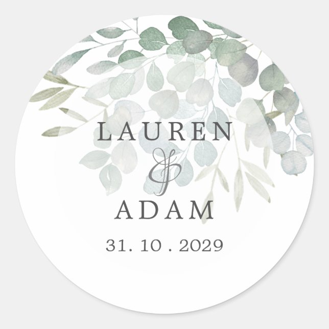 Eukalyptus Greenery Watercolor Wedding Runder Aufkleber (Vorderseite)