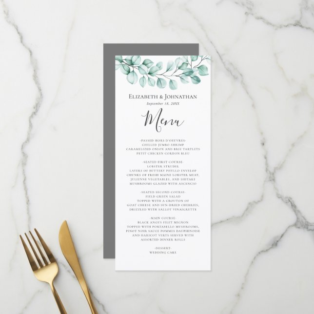 Eukalyptus Greenery Watercolor Wreath Wedding Menükarte (Vorderseite/Rückseite Beispiel)