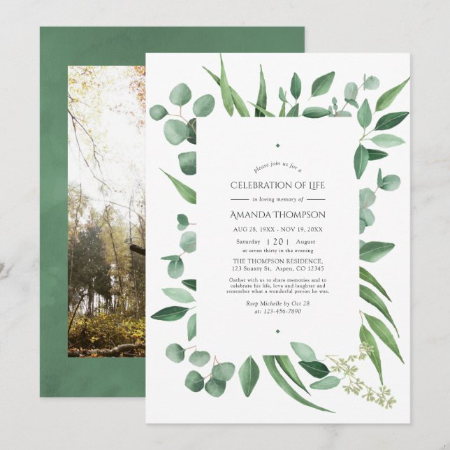 Eukalyptus Greenery Wedding Celebration of Life Ankündigung (Vorne/Hinten)