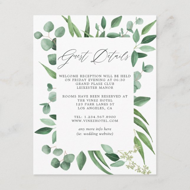 Eukalyptus Greenery Wedding Guest Details Begleitkarte (Vorderseite)