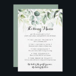Eukalyptus Greenery Wedding Kissing Menu Game Card<br><div class="desc">Diese eukalyptus grün Hochzeit küssen Menü-Game-Karte ist perfekt für eine rustikale Hochzeitsempfang. Dieses künstlerische Design ist mit handgezeichnet,  Aquarell eucalyptus grünen Blätter,  inspirierend natürliche Schönheit.</div>