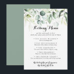 Eukalyptus Greenery Wedding Kissing Menu Game Card<br><div class="desc">Diese eukalyptus grün Hochzeit küssen Menü-Game-Karte ist perfekt für eine rustikale Hochzeitsempfang. Dieses künstlerische Design ist mit handgezeichnet,  Aquarell eucalyptus grünen Blätter,  inspirierend natürliche Schönheit.</div>