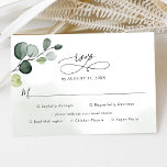 Eukalyptus Greenery Wedding Rsvp mit Optionen zum<br><div class="desc">Diese RSVP-Karte,  die speziell für die Hochzeitskollektion von Boho Greenery entworfen wurde,  verfügt über ein Aquarell-Eukalyptus-Zweig-Set mit einem zarten Aquarellwaschhintergrund und grafischem Kalligrafietext,  gepaart mit einer klassischen Serif und modernem Sans-Schriftart in Schwarz.</div>