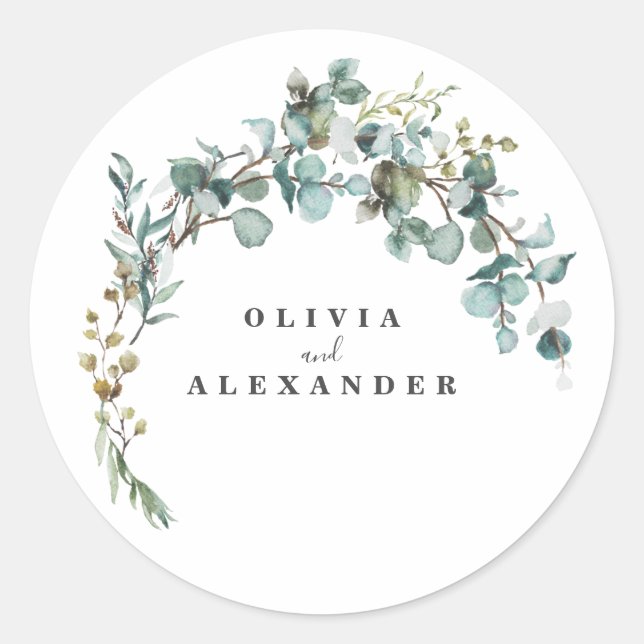 Eukalyptus Greenery Wedding Runder Aufkleber (Vorderseite)