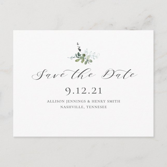 Eukalyptus Greenery Wedding Save the Date Ankündigungspostkarte (Vorderseite)