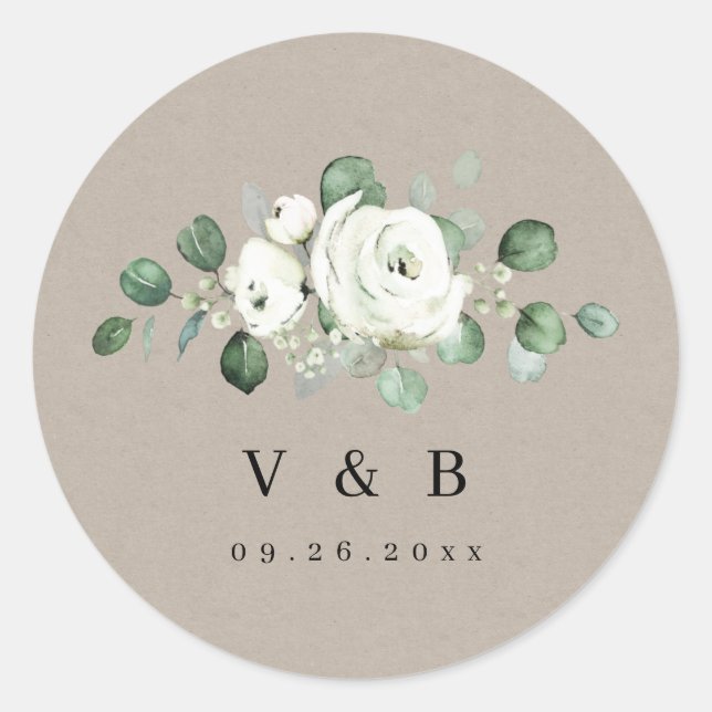 Eukalyptus Greenery white floral rustic monogram Runder Aufkleber (Vorderseite)