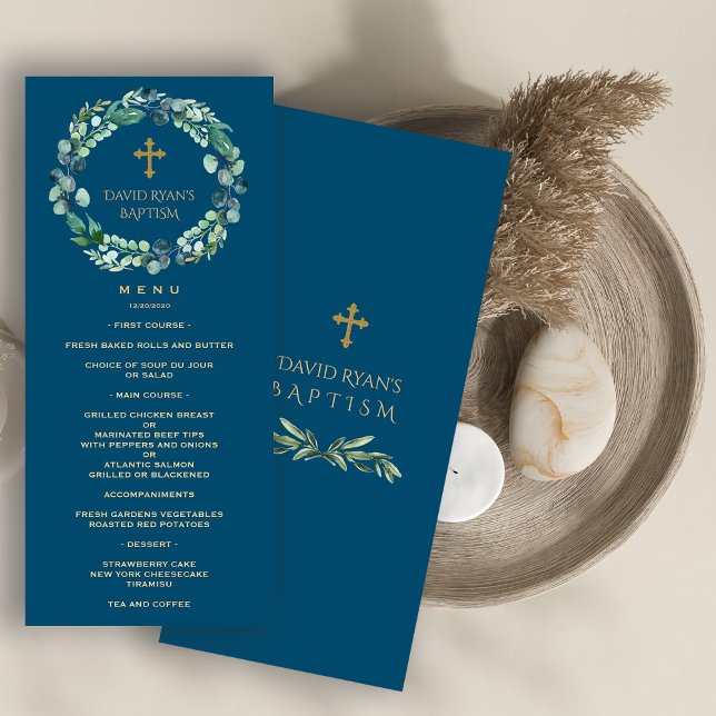 Eukalyptus Greenery Wreath Gold Boy Taufe Menükarte (baptism menu, boy eucalyptus wreath menu, )