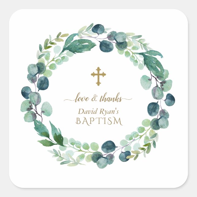 Eukalyptus Greenery Wreath Gold Cross Taufe Quadratischer Aufkleber (Vorderseite)