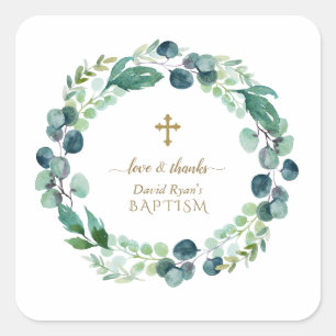 Eukalyptus Greenery Wreath Gold Cross Taufe Quadratischer Aufkleber