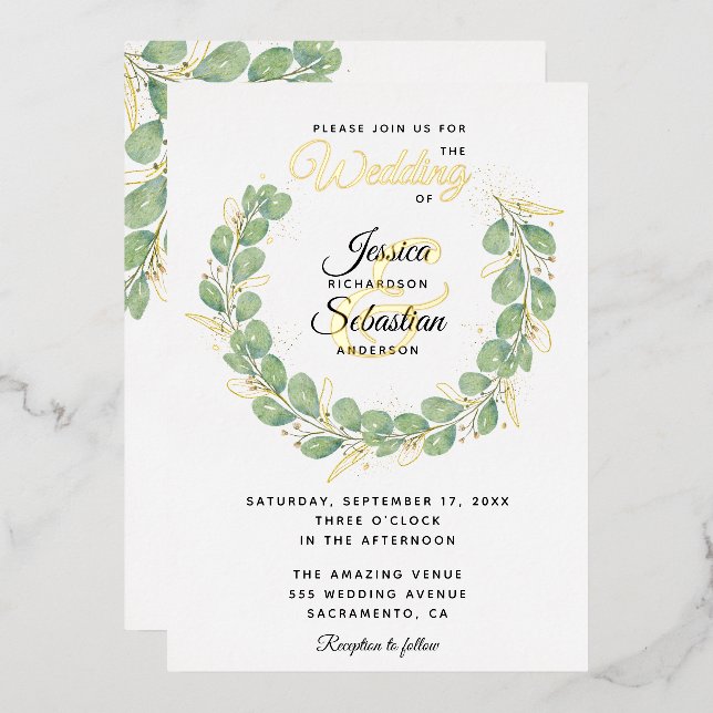 Eukalyptus Greenery Wreath Gold White Wedding Folieneinladung (Vorderseite/Rückseite)
