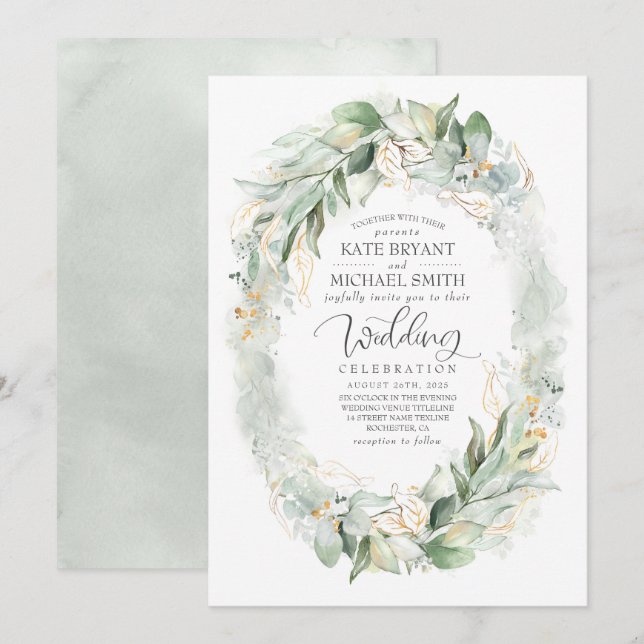 Eukalyptus Greenery Wreath Wedding Gold Glitzer Einladung (Vorne/Hinten)