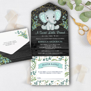 Eukalyptus Grün Elefant Grau Holz Babyparty All In One Einladung