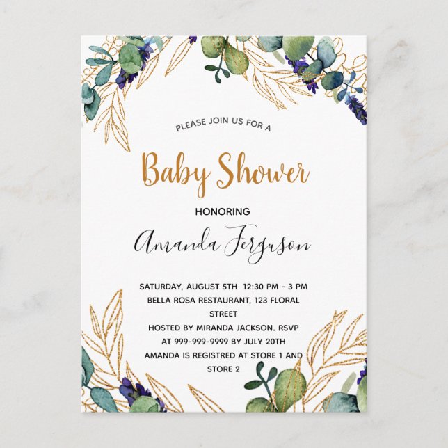 Eukalyptus grün elegante Babydusche Einladung Postkarte (Vorderseite)