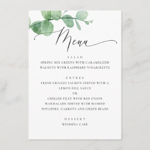 Eukalyptus-Grün-Gartenhochzeit. Elegante Schrift Menükarte