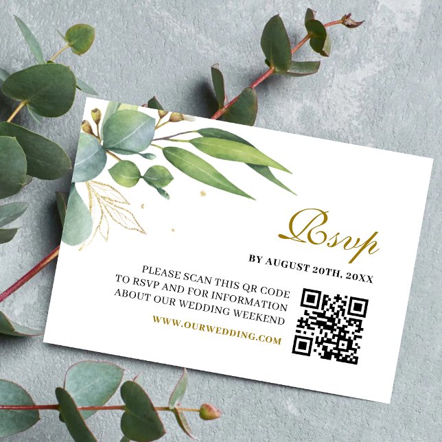 Eukalyptus-Grün Geometric Hochzeit QR-Code RSVP Karte (Eucalyptus greenery QR Code RSVP card simplifies guest replies with modern botanical style.)