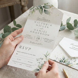 Eukalyptus Grün Gold Blätter Botanische Hochzeit All In One Einladung