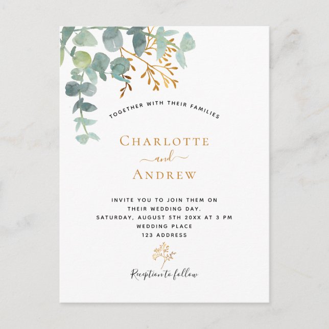 Eukalyptus-Grün Gold Einfache Hochzeit Postkarte (Vorderseite)