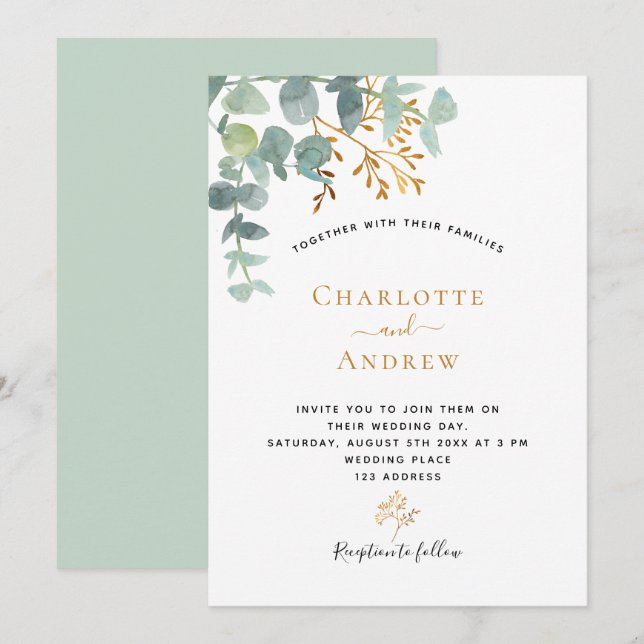 Eukalyptus-Grün Gold Moderne, elegante Hochzeit Einladung (Vorne/Hinten)