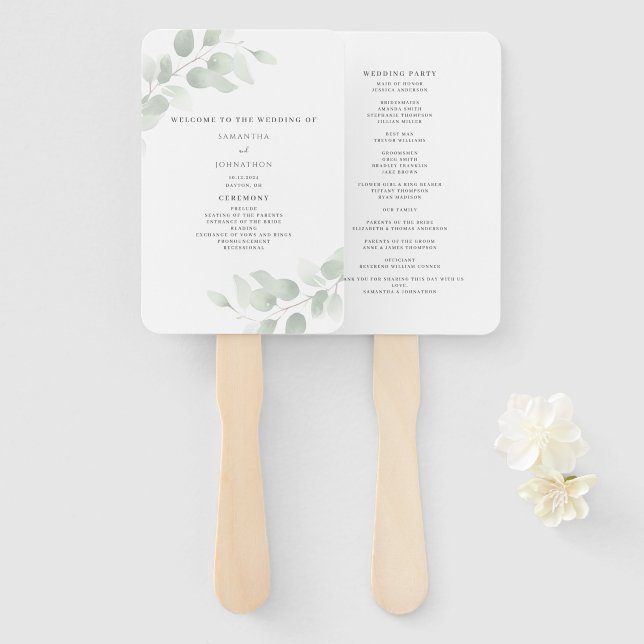 Eukalyptus-Grün-Hochzeitsprogramm  Fächer (Vorne und Hinten)