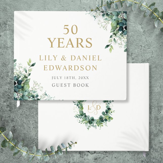 Eukalyptus Grün Monogramm 50. Hochzeitstag Gästebuch (Eucalyptus Greenery Monogram 50th Anniversary Guest Book)