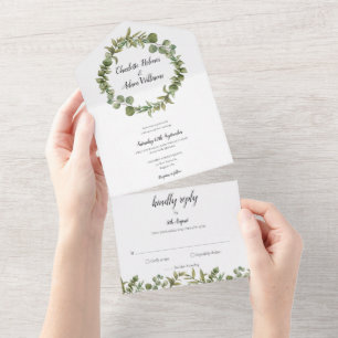 Eukalyptus-Grün-Monogramm-Hochzeit All In One Einladung