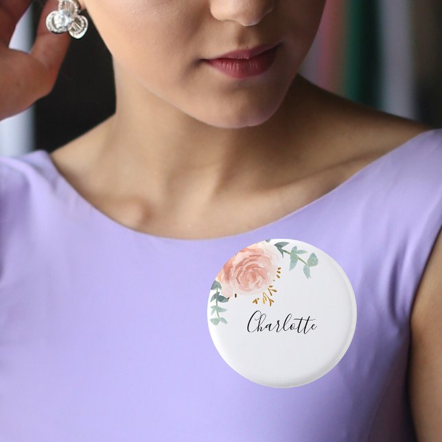 Eukalyptus-Grün-Roségold-florales Namensschild Button (Von Creator hochgeladen)