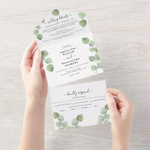 Eukalyptus Grün und Gold Klassische Hochzeit All In One Einladung