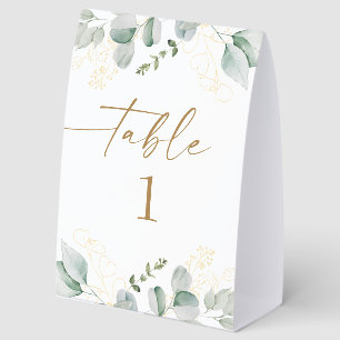 Eukalyptus-Grün und goldene Hochzeitstisch-Nummer Tischaufsteller
