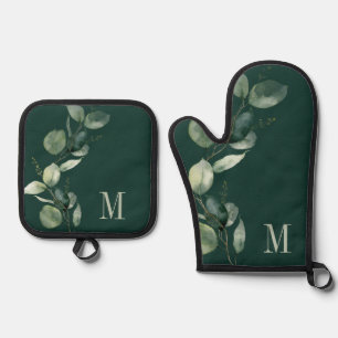 Eukalyptus-Grün-Wasserfarbe-Botanisches Monogramm Ofenhandschuh & Topflappen-Set