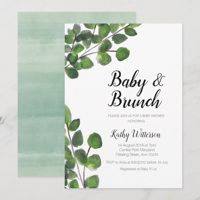 Eukalyptus Grüne Babybrunch Babydusche Einladung (Vorne/Hinten)