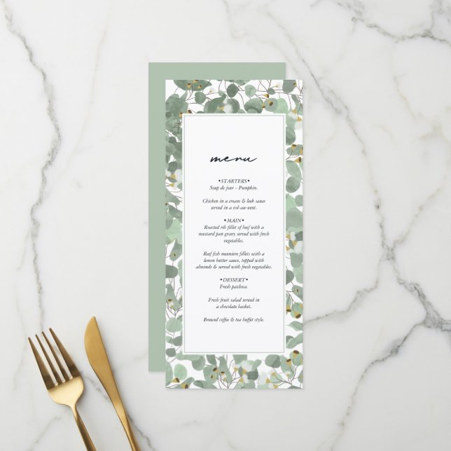 Eukalyptus Grüne Blüten Hochzeiten Menükarte (Vorderseite/Rückseite Beispiel)