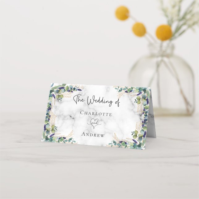 Eukalyptus-grüne Marmornamen Hochzeit Platzkarte (Rückseite)