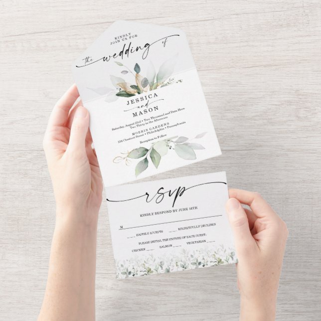 Eukalyptus-Grüne mit Goldhochzeit All In One Einladung (Abreißen)