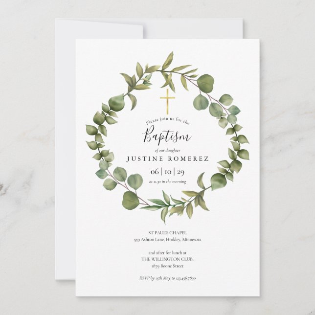 Eukalyptus Grüne Taufe Christening Einladung (Vorderseite)
